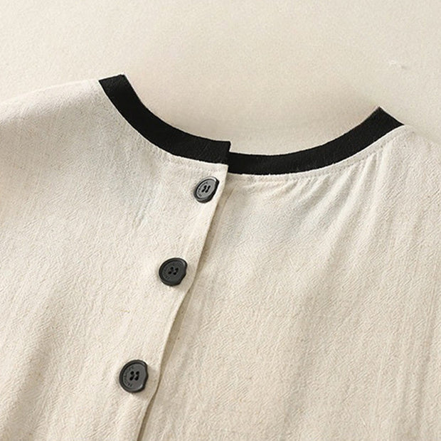 Buddha Stones Casual Stitching Color Handmade Button Design Midi Dress Polyester Sleeveless Dress With Pockets