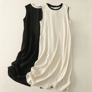 Buddha Stones Casual Stitching Color Handmade Button Design Midi Dress Polyester Sleeveless Dress With Pockets
