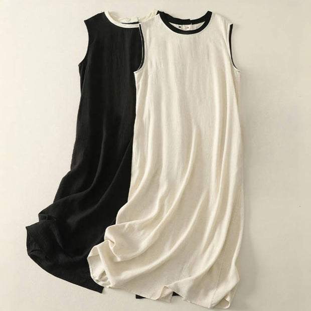 Buddha Stones Casual Stitching Color Handmade Button Design Midi Dress Polyester Sleeveless Dress With Pockets