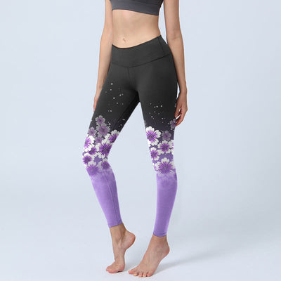 Buddha Stones White Purple Cherry Blossom Pattern Print Gym Leggings Women's Yoga Pants