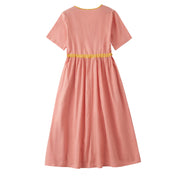 Buddha Stones Summer Casual Stitching Color Lace-up Design V-Neck Short Sleeve Midi Dress