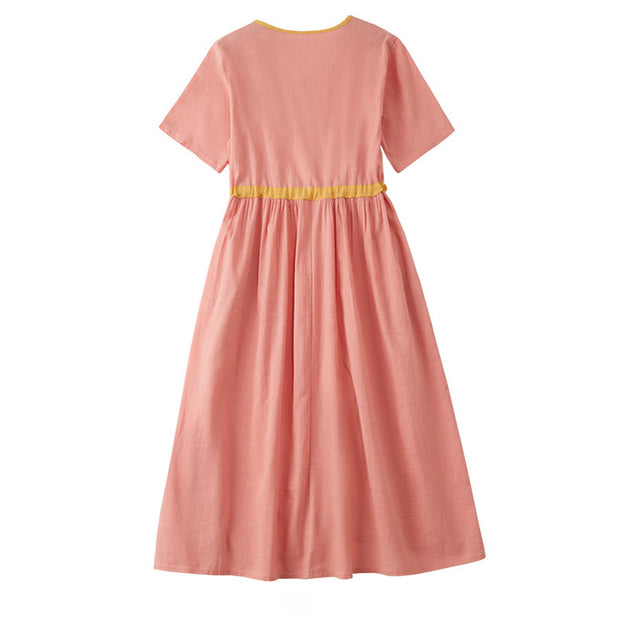 Buddha Stones Summer Casual Stitching Color Lace-up Design V-Neck Short Sleeve Midi Dress
