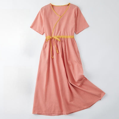 Buddha Stones Summer Casual Stitching Color Lace-up Design V-Neck Short Sleeve Midi Dress