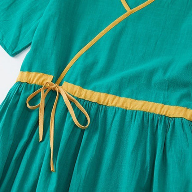 Buddha Stones Summer Casual Stitching Color Lace-up Design V-Neck Short Sleeve Midi Dress