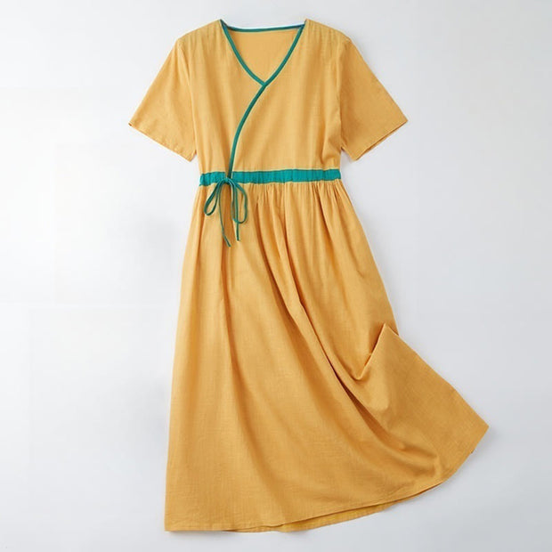 Buddha Stones Summer Casual Stitching Color Lace-up Design V-Neck Short Sleeve Midi Dress