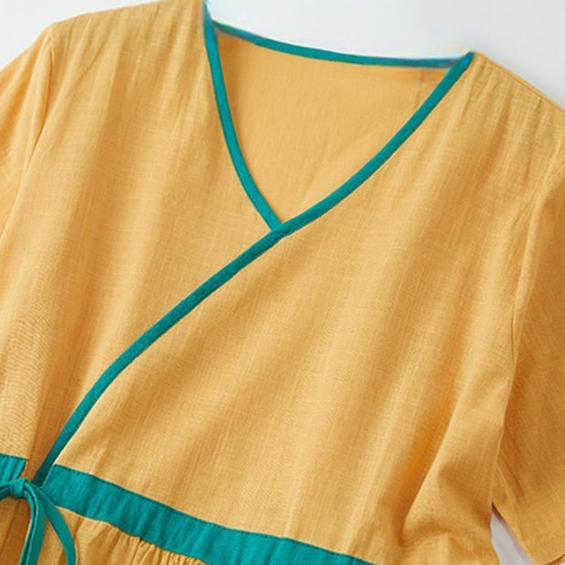 Buddha Stones Summer Casual Stitching Color Lace-up Design V-Neck Short Sleeve Midi Dress
