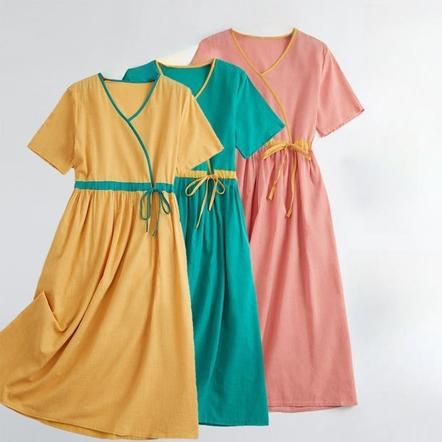 Buddha Stones Summer Casual Stitching Color Lace-up Design V-Neck Short Sleeve Midi Dress