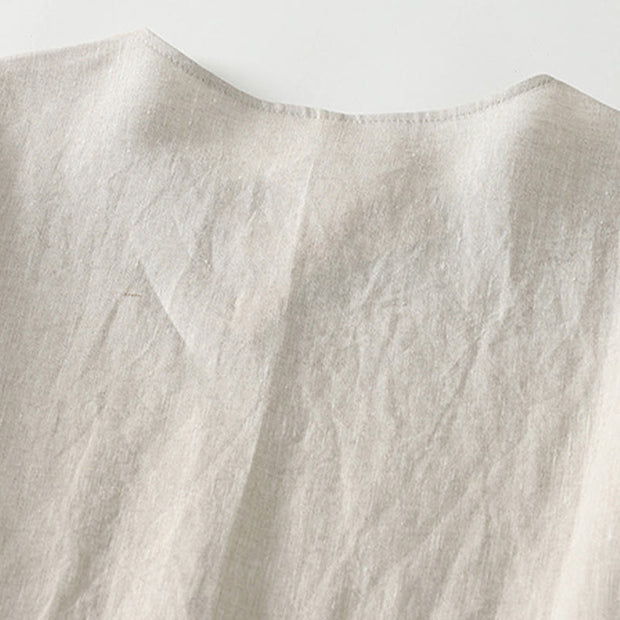Buddha Stones Summer Casual Plain Design V-Neck Short Sleeve Cotton Linen Midi Dress With Pockets