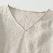 Buddha Stones Summer Casual Plain Design V-Neck Short Sleeve Cotton Linen Midi Dress With Pockets