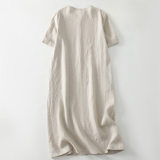 Buddha Stones Summer Casual Plain Design V-Neck Short Sleeve Cotton Linen Midi Dress With Pockets