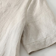 Buddha Stones Summer Casual Plain Design V-Neck Short Sleeve Cotton Linen Midi Dress With Pockets