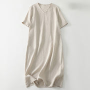 Buddha Stones Summer Casual Plain Design V-Neck Short Sleeve Cotton Linen Midi Dress With Pockets