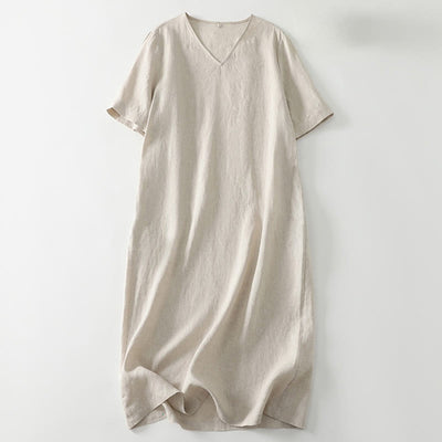 Buddha Stones Summer Casual Plain Design V-Neck Short Sleeve Cotton Linen Midi Dress With Pockets