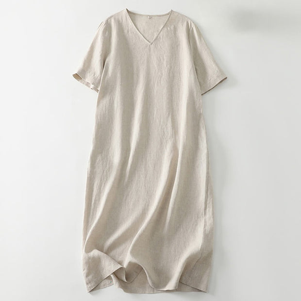Buddha Stones Summer Casual Plain Design V-Neck Short Sleeve Cotton Linen Midi Dress With Pockets