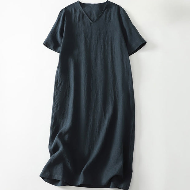 Buddha Stones Summer Casual Plain Design V-Neck Short Sleeve Cotton Linen Midi Dress With Pockets