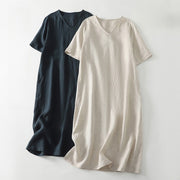 Buddha Stones Summer Casual Plain Design V-Neck Short Sleeve Cotton Linen Midi Dress With Pockets