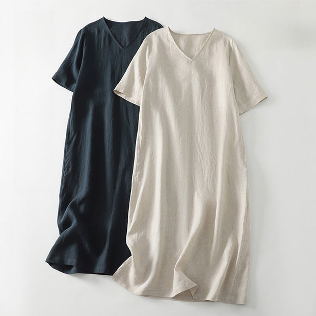 Buddha Stones Summer Casual Plain Design V-Neck Short Sleeve Cotton Linen Midi Dress With Pockets