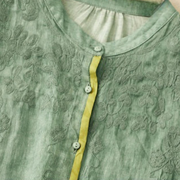 Buddha Stones Summer Casual Embroidered Stand Collar Design Three Quarter Sleeve Acrylic Midi Dress