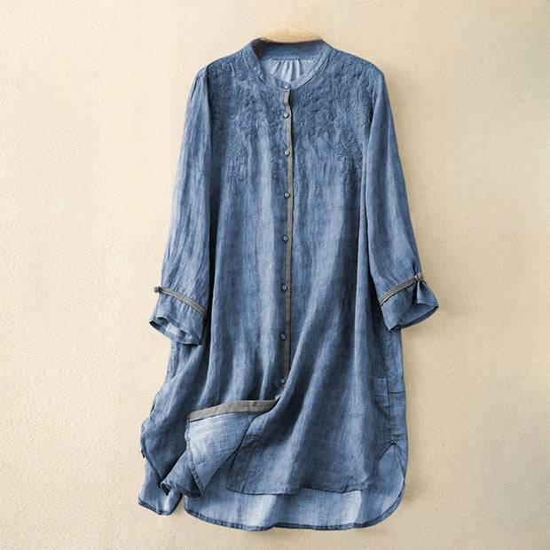Buddha Stones Summer Casual Embroidered Stand Collar Design Three Quarter Sleeve Acrylic Midi Dress