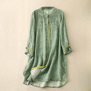 Buddha Stones Summer Casual Embroidered Stand Collar Design Three Quarter Sleeve Acrylic Midi Dress