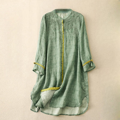 Buddha Stones Summer Casual Embroidered Stand Collar Design Three Quarter Sleeve Acrylic Midi Dress