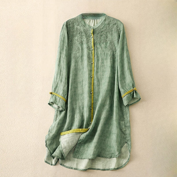 Buddha Stones Summer Casual Embroidered Stand Collar Design Three Quarter Sleeve Acrylic Midi Dress