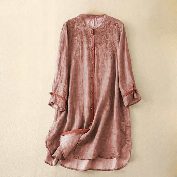 Buddha Stones Summer Casual Embroidered Stand Collar Design Three Quarter Sleeve Acrylic Midi Dress