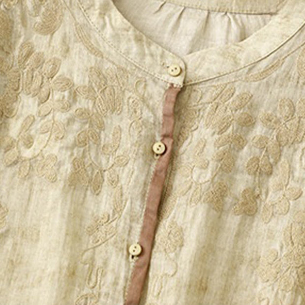 Buddha Stones Summer Casual Embroidered Stand Collar Design Three Quarter Sleeve Acrylic Midi Dress