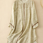 Buddha Stones Summer Casual Embroidered Stand Collar Design Three Quarter Sleeve Acrylic Midi Dress