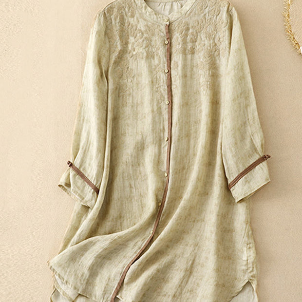 Buddha Stones Summer Casual Embroidered Stand Collar Design Three Quarter Sleeve Acrylic Midi Dress