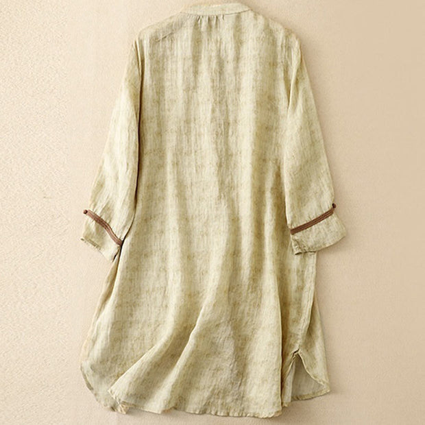 Buddha Stones Summer Casual Embroidered Stand Collar Design Three Quarter Sleeve Acrylic Midi Dress
