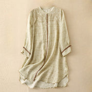 Buddha Stones Summer Casual Embroidered Stand Collar Design Three Quarter Sleeve Acrylic Midi Dress
