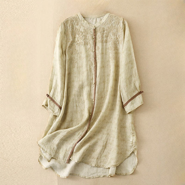 Buddha Stones Summer Casual Embroidered Stand Collar Design Three Quarter Sleeve Acrylic Midi Dress