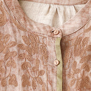 Buddha Stones Summer Casual Embroidered Stand Collar Design Three Quarter Sleeve Acrylic Midi Dress