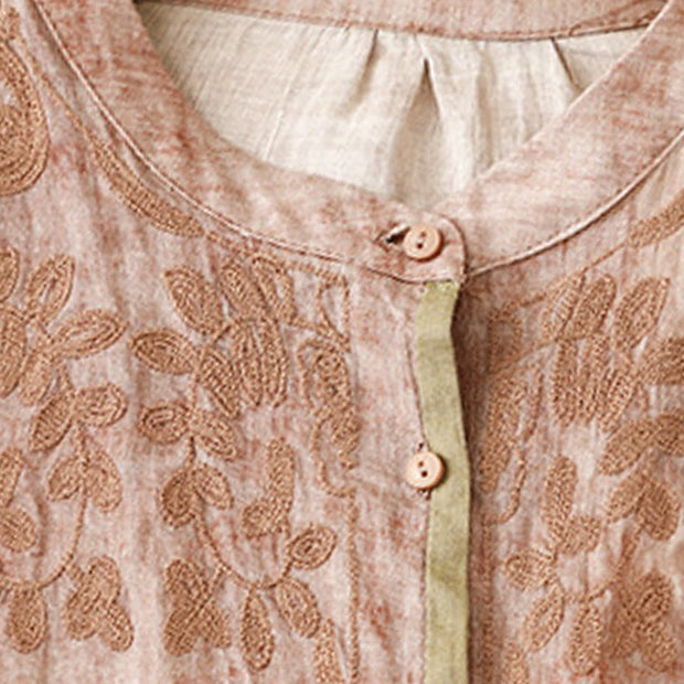 Buddha Stones Summer Casual Embroidered Stand Collar Design Three Quarter Sleeve Acrylic Midi Dress