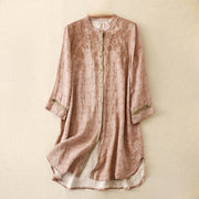 Buddha Stones Summer Casual Embroidered Stand Collar Design Three Quarter Sleeve Acrylic Midi Dress