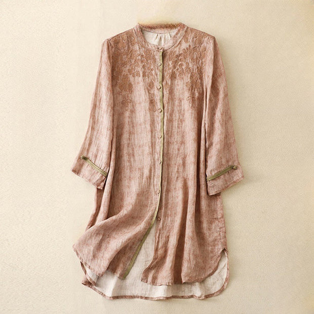 Buddha Stones Summer Casual Embroidered Stand Collar Design Three Quarter Sleeve Acrylic Midi Dress