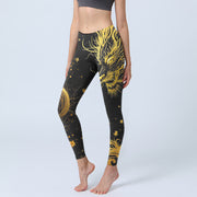 Buddha Stones Golden Dragon Pattern Print Gym Leggings Women's Yoga Pants