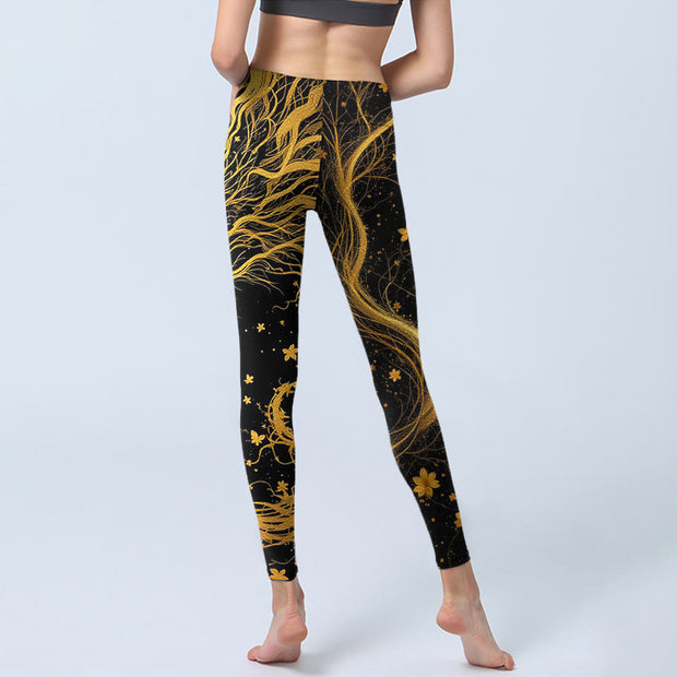 Buddha Stones Golden Dragon Pattern Print Gym Leggings Women's Yoga Pants