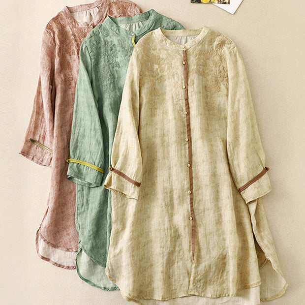Buddha Stones Summer Casual Embroidered Stand Collar Design Three Quarter Sleeve Acrylic Midi Dress
