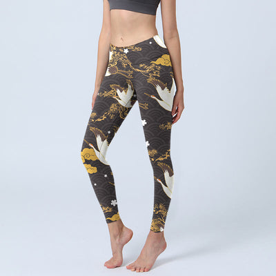Buddha Stones Golden Auspicious Cloud Pine Branch Crane Wave Pattern Print Gym Leggings Women's Yoga Pants