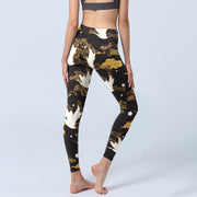Buddha Stones Golden Auspicious Cloud Pine Branch Crane Wave Pattern Print Gym Leggings Women's Yoga Pants