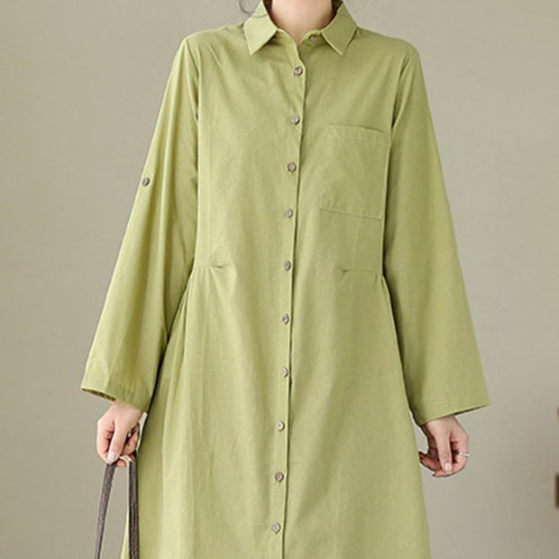 Buddha Stones Summer Casual Plain Buttons Stand Collar Design Three Quarter Sleeve Acrylic Cardigan Midi Dress With Pockets