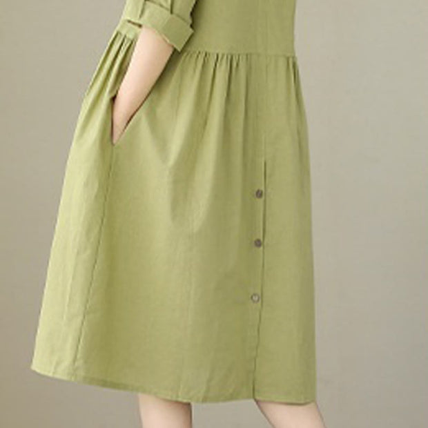 Buddha Stones Summer Casual Plain Buttons Stand Collar Design Three Quarter Sleeve Acrylic Cardigan Midi Dress With Pockets