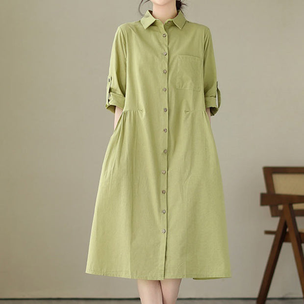 Buddha Stones Summer Casual Plain Buttons Stand Collar Design Three Quarter Sleeve Acrylic Cardigan Midi Dress With Pockets