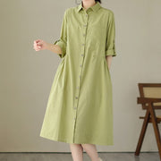 Buddha Stones Summer Casual Plain Buttons Stand Collar Design Three Quarter Sleeve Acrylic Cardigan Midi Dress With Pockets