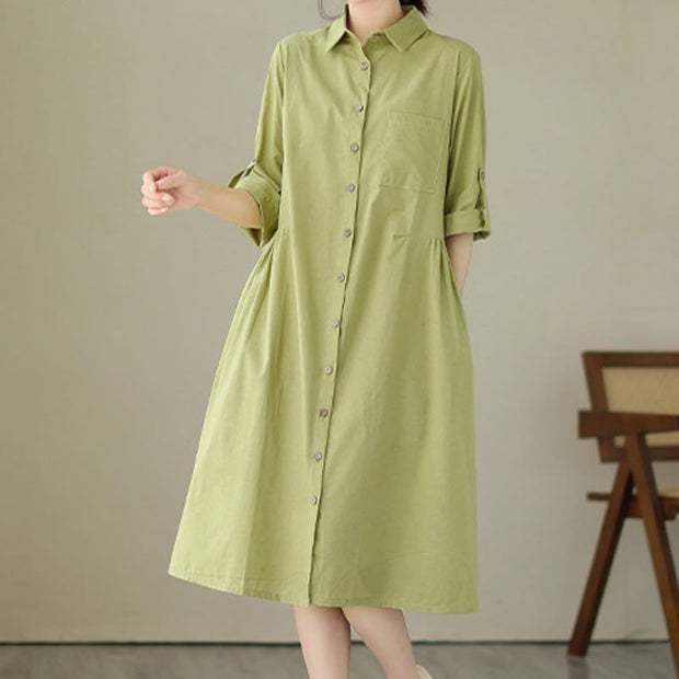 Buddha Stones Summer Casual Plain Buttons Stand Collar Design Three Quarter Sleeve Acrylic Cardigan Midi Dress With Pockets
