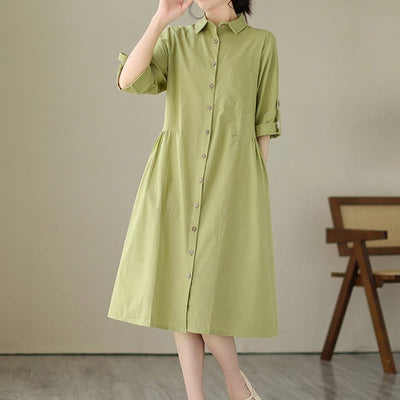 Buddha Stones Summer Casual Plain Buttons Stand Collar Design Three Quarter Sleeve Acrylic Cardigan Midi Dress With Pockets