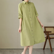 Buddha Stones Summer Casual Plain Buttons Stand Collar Design Three Quarter Sleeve Acrylic Cardigan Midi Dress With Pockets