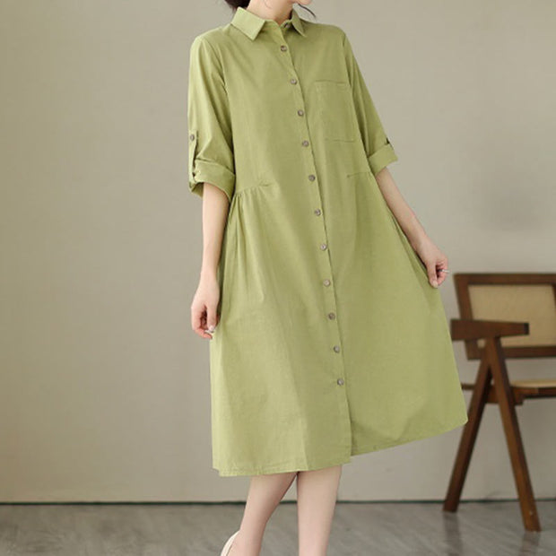 Buddha Stones Summer Casual Plain Buttons Stand Collar Design Three Quarter Sleeve Acrylic Cardigan Midi Dress With Pockets